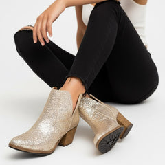 Tuhoomall Glitter Ankle Boots for Women, 3-Inch Chunky Heel, Shiny Pointed Toe, Perfect for Parties and Fashion Events