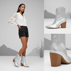 Tuhoomall Stylish Chunky Heel Ankle Boots with Rhinestone Tassels, Pointed Toe, Zipper Closure, Perfect for Parties and Travel