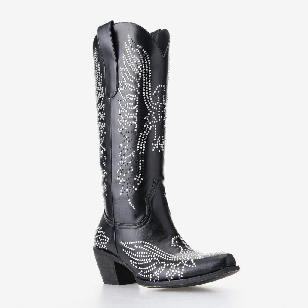 Tuhoomall Western Cowgirl Mid Calf Boots With Chunky Heel, Pointed Toe Slip-On Design, Rhinestone Pattern For Outdoor Events Tuhoomall