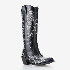Tuhoomall Western Cowgirl Mid Calf Boots With Chunky Heel, Pointed Toe Slip-On Design, Rhinestone Pattern For Outdoor Events