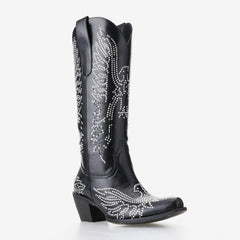 Tuhoomall Western Cowgirl Mid Calf Boots With Chunky Heel, Pointed Toe Slip-On Design, Rhinestone Pattern For Outdoor Events Tuhoomall