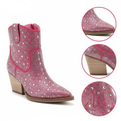 Tuhoomall Western Style Rhinestone Ankle Boots with Zipper Closure - Fashionable Suede Upper and Rubber Sole, Perfect for All Seasons