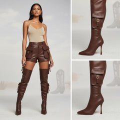 Tuhoomall Over-The-Knee Fashion Boots for Women, High Heels 9.5cm, Zipper Closure, Solid Color with Pocket and Metal Buckle, Perfect for Parties and Performances