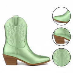 Tuhoomall Western Ankle Boots with Embroidered Pattern, 5cm Chunky Heel, Slip-On Design for Fashion and Travel, Durable Synthetic Fabric Lining