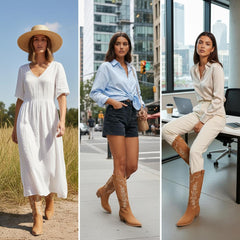 Tuhoomall Embroidered Western Chunky Heel Boots for Women - Pointed Toe, Zipper Closure, Mid-Calf Height, Stylish Vegan Leather, Perfect for All Seasons