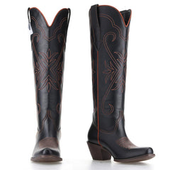 Tuhoomall Western Style Knee-High Boots, Embroidered Vegan Leather, 5.5cm Chunky Heel, Fashion Casual for All Seasons