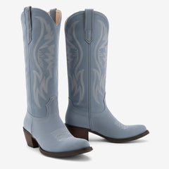 Tuhoomall Western Embroidered Pointed Toe Chunky Heel Slip-On Mid Calf Boots for Women, Retro Casual Style, Perfect for Weddings and Everyday Wear