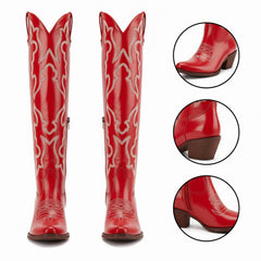 Tuhoomall Western Knee-High Boots with Elegant Embroidery, Stylish Mid Heel for Casual and Office Wear, Durable Faux Suede Leather, All-Season Fashion