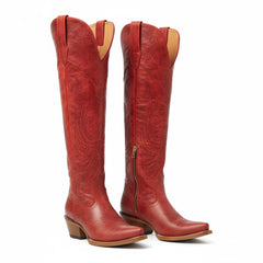 Tuhoomall Western Knee High Boots with Embroidered Design, 2.25 Inch Chunky Heel, Perfect for Fashion, Travel, Parties and Everyday Wear