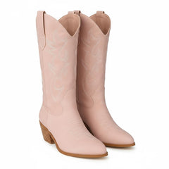 Tuhoomall Western Chunky Heel Women's Cowboy Boots, Comfortable Slip-On, Retro Embroidered Design, Non-Slip Sole for Travel and Casual Wear