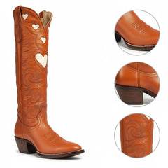 Tuhoomall Western Knee High Boots With Rubber Sole, 5cm Chunky Heel, Embroidered Sweet Pink Hearts For Casual Fashion All Year Round