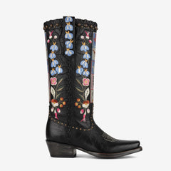Tuhoomall Western Style Mid-Calf Boots with Floral Design and Stud Details for Fashionable Parties and Everyday Wear, 5cm Chunky Heel