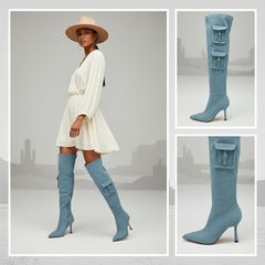 Tuhoomall Over-The-Knee Fashion Boots for Women, High Heels 9.5cm, Zipper Closure, Solid Color with Pocket and Metal Buckle, Perfect for Parties and Performances