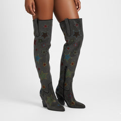 Tuhoomall Western Rhinestone Over-The-Knee Boots for Women, 9.5 cm Irregular Heels, Sparkling Slip-On Stylish Casual Footwear