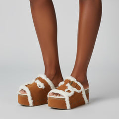 Tuhoomall Blue Faux Suede Fur-Lined Studs Double Buckle Strap Round Platform Cork Sandals Slippers