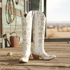 Tuhoomall Western Embroidered Knee-High Boots for Women, Floral Chunky Heel, Slip-On Design for Weddings and Casual Outings