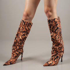 Tuhoomall High Boots with Rhinestone Animal Print, Sparkling High Heel Stiletto, Comfortable Slip-On for Parties and Casual Events
