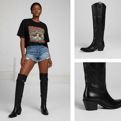 Tuhoomall Western Over-the-Knee Boots for Women, Chunky Heel, Snip-Toe, Embroidered, Slip-On, Distressed Style for Parties and Casual Outings