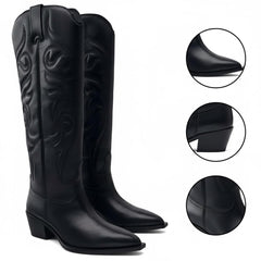 Tuhoomall Western Knee-High Boots for Women, Embroidered Chunky Heel, Slip-On Style, Pointed-Toe, Premium Leather, All Seasons Fashion
