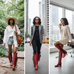 Tuhoomall Fringe Western Knee High Boots for Women, Soft Vegan Suede, Embroidered Design, Perfect for Vintage, Casual, and Party Wear