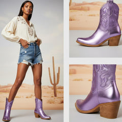 Tuhoomall Comfortable Western Ankle Boots for Fashion, Travel, and Leisure - Embroidered Genuine Leather, 5.5cm Chunky Heel, Slip-On Design