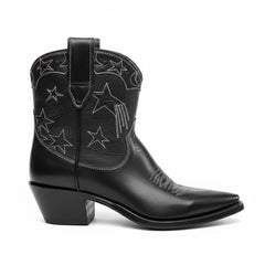 Tuhoomall Western Cowboy Ankle Boots for Women, Vegan Leather, Chunky 2" Heel, Snip Toe Design, Stylish Star Appliqué, All-Season Fashion