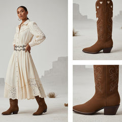 Tuhoomall Western Knee High Boots With Rubber Sole, 5cm Chunky Heel, Embroidered Sweet Pink Hearts For Casual Fashion All Year Round