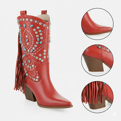Tuhoomall Western Style Floral Embellished Mid-Calf Cowboy Boots with Chunky Heel for Fashion, Outdoor, Party and Casual Western Boots Tuhoomall