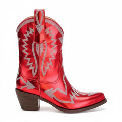 Tuhoomall Metallic Western Ankle Boots for Women - Stylish Slip-On Design with Embroidered Floral Pattern, Casual All-Season Footwear