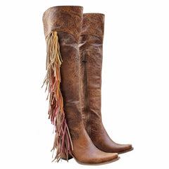 Tuhoomall Western Over Knee Boots with Fringe and Heart Pattern, Block Heel 2.76in, Zipper Closure, Faux Suede for Fashionable Boho Lifestyle