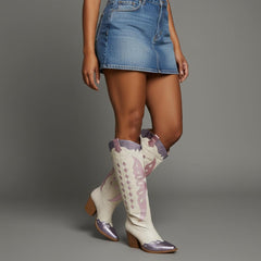 Tuhoomall Western Cowgirl Mid Calf Boots with Snip-Toe and Chunky Heel for Fashion Parties and Performances, Animal Pattern, Metallic Bright Surface