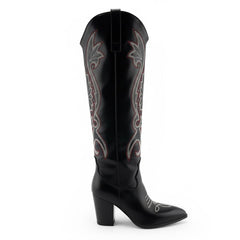 Tuhoomall Western Floral Embroidered Knee-High Boots for Women - Comfortable Slip-On Design with Chunky Heel for Parties and Daily Wear