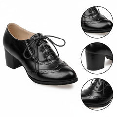 Tuhoomall Comfortable Vintage Style High Heel Dress Shoes for Office and Leisure Wear with Lace-Up Closure and Classic Round Toe Design