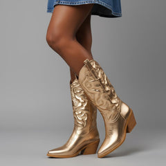 Tuhoomall Comfortable Western Boots for Women – 6cm Low Chunky Heel, Slip-On Design with Floral Embroidery - Fashionable All-Season Style