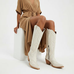 Tuhoomall Stylish Western Mid-Calf Boots for Women - Embroidered Vegan Leather, 2.76in Low Chunky Heel, Perfect for Year-Round Casual Wear