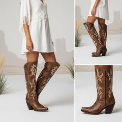 Tuhoomall Western Over-the-Knee Boots for Women, Chunky Heel, Snip-Toe, Embroidered, Slip-On, Distressed Style for Parties and Casual Outings