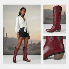 Tuhoomall Western Floral Embroidered Cowboy Boots for Women, Slip-On Low Chunky Heel, All-Season Comfort and Style