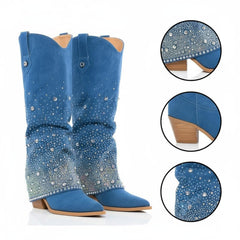 Tuhoomall Western Denim Mid Calf Boots With Chunky Heel, Pointed Toe, Rhinestone Embellishments For Casual Style, 13 In Shaft Height