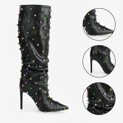 Tuhoomall Wrinkled Western Knee High Boots for Women with Pointed Toe, Sparkling Accents, Ideal for Fashionable Casual Outdoor Wear Tuhoomall