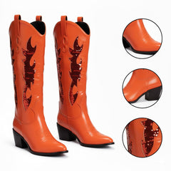 Tuhoomall Comfortable Western Boots with Sequins and Floral Design for Stylish Parties, Runway Shows, and Casual Outings - Knee-High Chunky Heel Tuhoomall