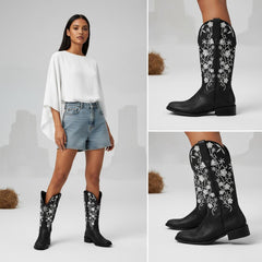 Tuhoomall Comfortable Western Boots for Women - Floral Embroidered Design, Slip-On Style, Outdoor Fashion - Perfect for Everyday Wear