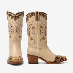 Tuhoomall Floral Embroidered Retro Mid-Calf Boots for All-Weather Fashion Casual Wear - Square Toe, Low Chunky Heel, Slip-On Design Tuhoomall