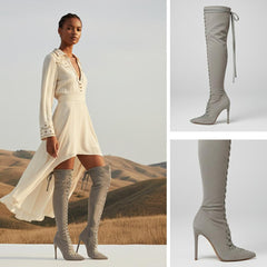 Tuhoomall Knee-High Boots For Bridal Occasion, Pointed-Toe Stiletto Heel, Lace-Up Design, Solid Color, 4" Heel Height, All-Season Wear