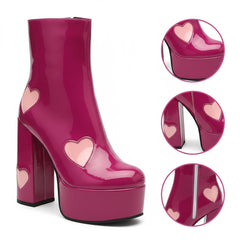 Tuhoomall Chunky Heeled Ankle Boots for Women, Heart Pattern, Zipper Closure, All-Season Fashion, Perfect for Parties and Travel