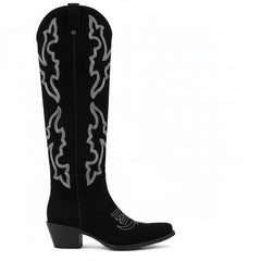 Tuhoomall Western Knee-High Boots with Elegant Embroidery, Stylish Mid Heel for Casual and Office Wear, Durable Faux Suede Leather, All-Season Fashion
