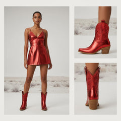 Tuhoomall Comfortable Western Ankle Boots for Fashion, Travel, and Leisure - Embroidered Genuine Leather, 5.5cm Chunky Heel, Slip-On Design