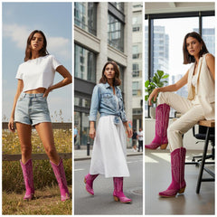 Tuhoomall Stylish Western Mid-Calf Boots for Women - Embroidered Vegan Leather, 2.76in Low Chunky Heel, Perfect for Year-Round Casual Wear