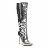 Tuhoomall Shiny Metallic Pointed Toe Mid-Calf Boots for Fashion Forward Performance - Rubber Sole, 3.75 in Heels, Mock-Croc Design, All Season