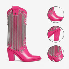 Tuhoomall Chunky Heel Western Rhinestone Booties with Fringes for Fashion Events, Pointed Toe, Slip-On Style, All-Day Comfort, Eye-Catching Design