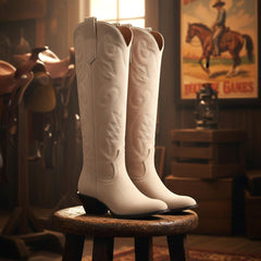 Tuhoomall Western Style Knee-High Boots with Embroidery, Casual Faux Suede, 5cm Chunky Heel, Perfect for All Seasons and Everyday Wear